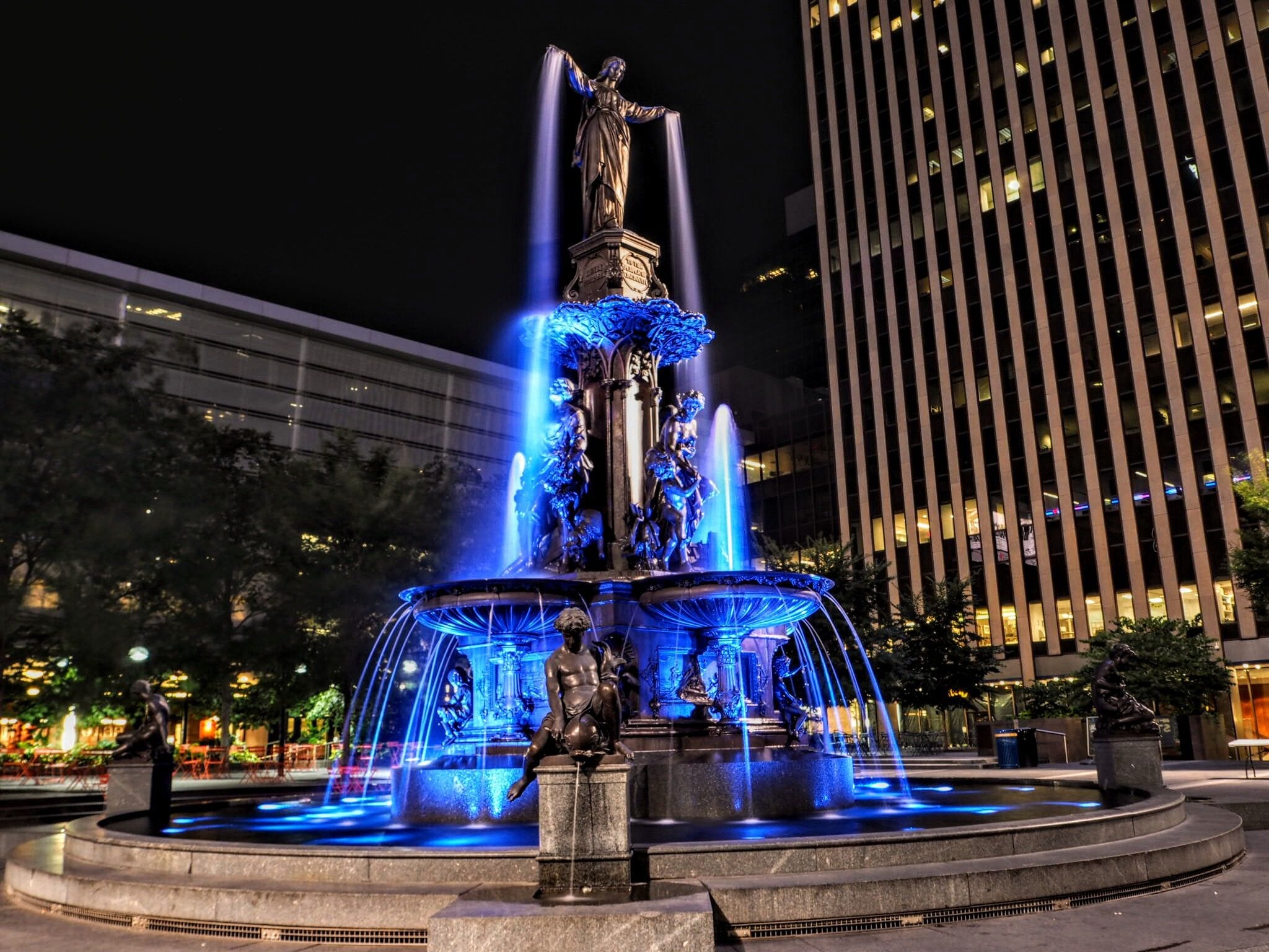 The Tyler Davidson Fountain was dedicated in 1871 and is located at Fountain Square in Cincinnati, Ohio.

The 43ft tall bronze and granite fountain is topped by a sculpture of the Genius of Water from which water cascades down.