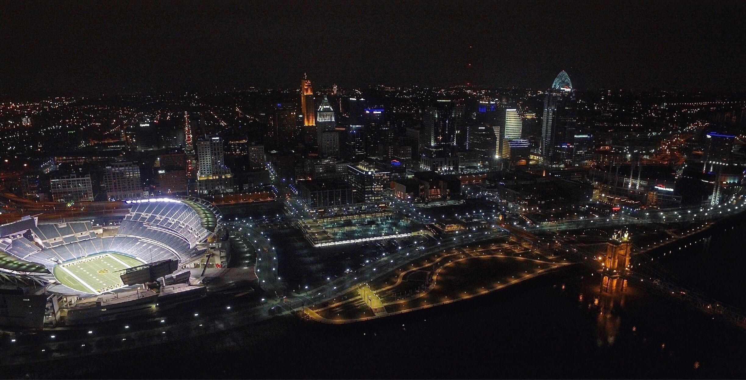 Drone shot of the stadium and Cincinnati 
