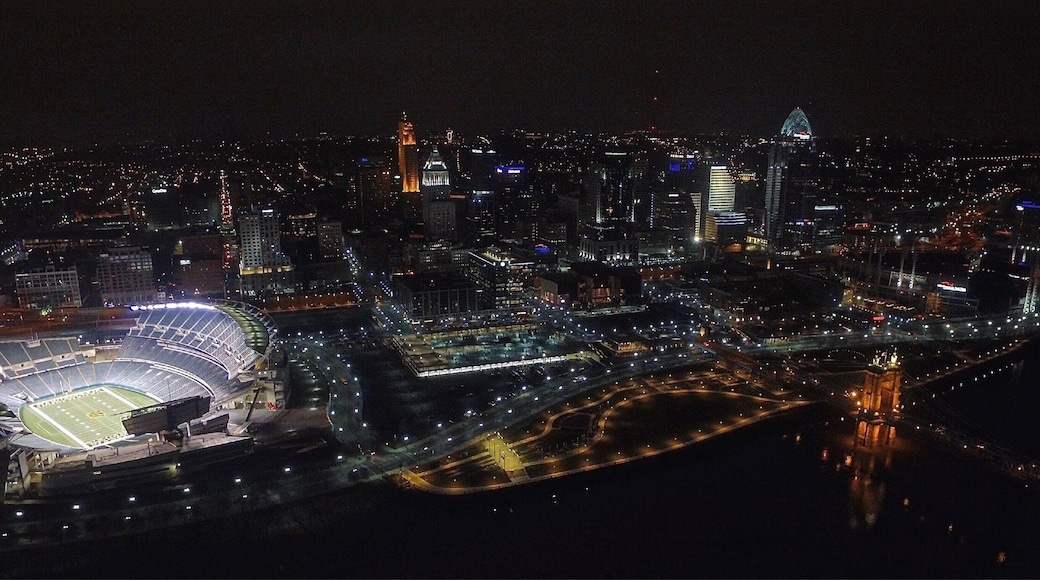 Drone shot of the stadium and Cincinnati