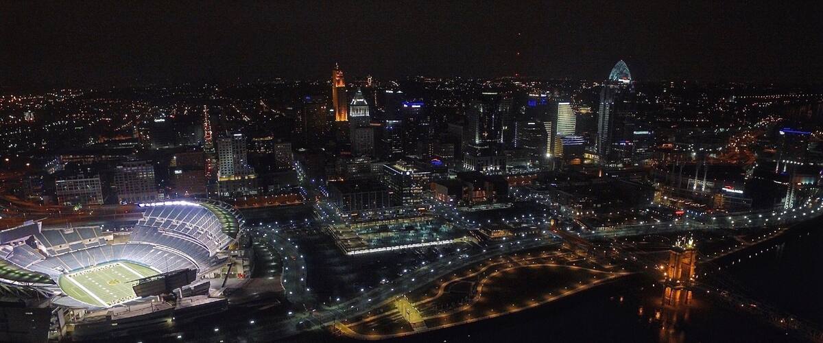 Drone shot of the stadium and Cincinnati