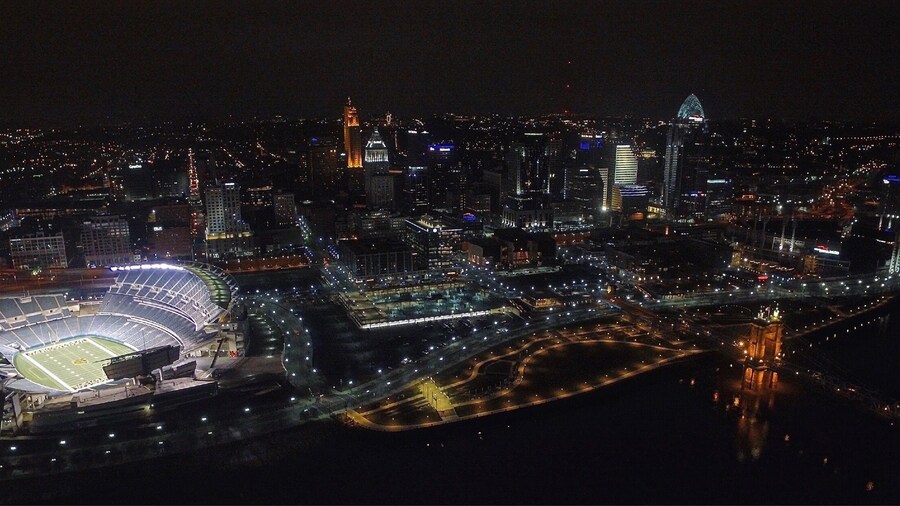 Drone shot of the stadium and Cincinnati