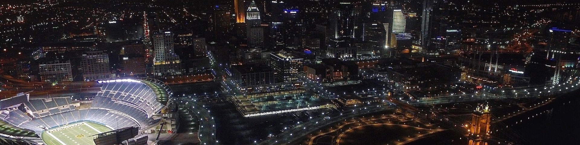 Drone shot of the stadium and Cincinnati