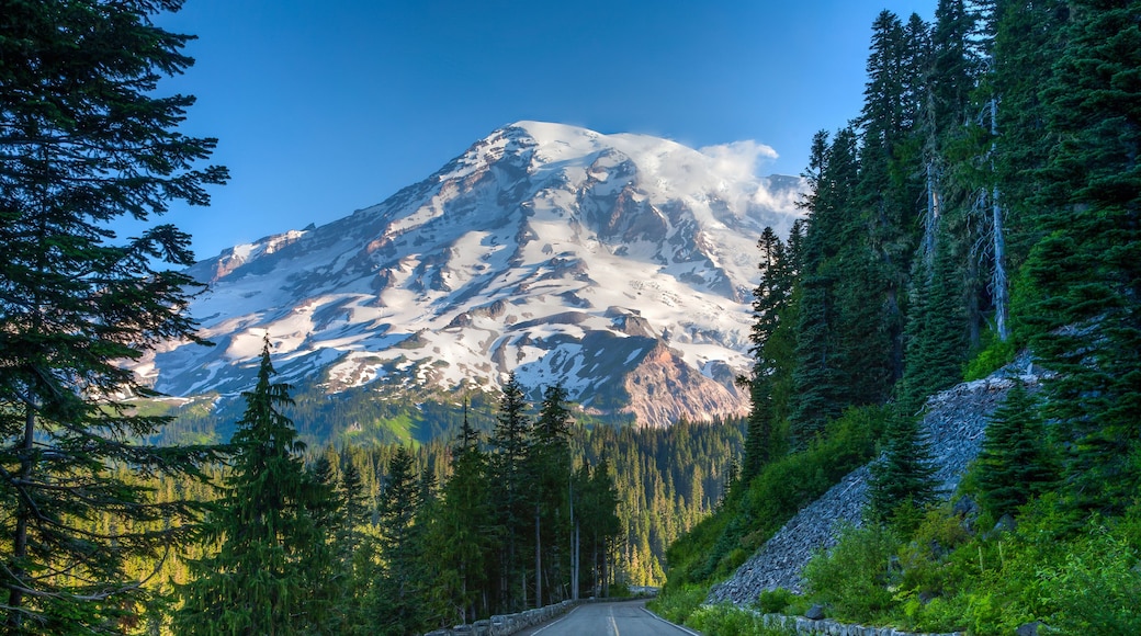 Mt Ranier and park road in Mt Ranier National Park, Washington. Glaciers and snow are visible.