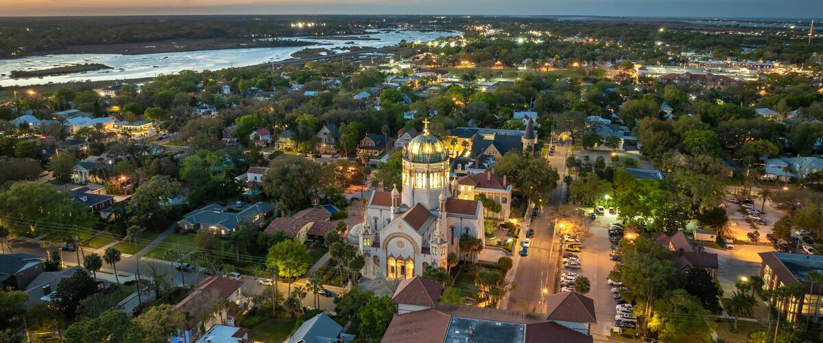 Old historic city architecture in Southern USA. View from above of streets and buildings of St. Augustine, Florida