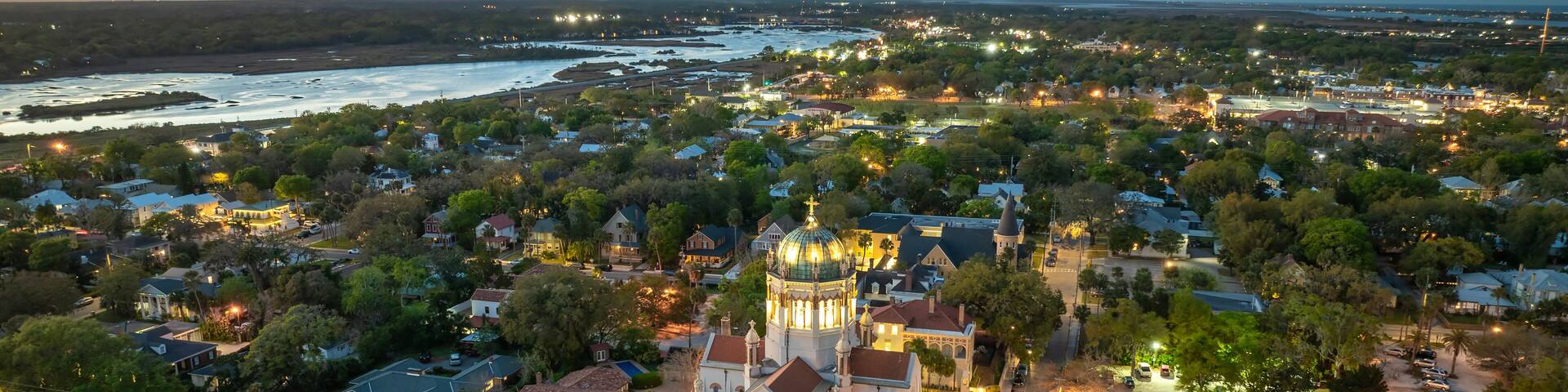Old historic city architecture in Southern USA. View from above of streets and buildings of St. Augustine, Florida