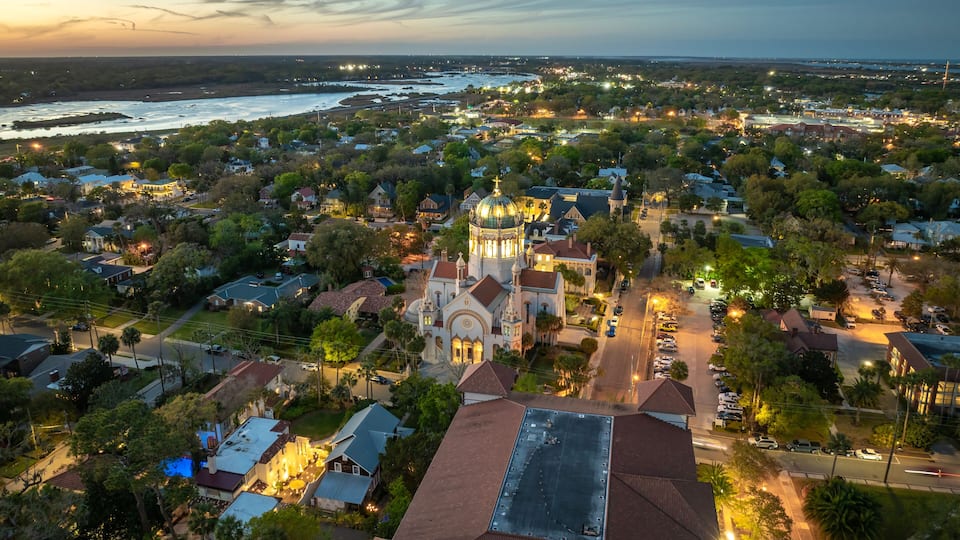 Old historic city architecture in Southern USA. View from above of streets and buildings of St. Augustine, Florida