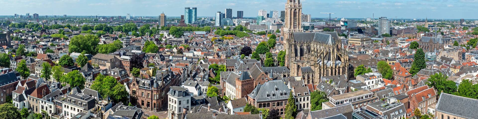 Aerial panorama from the city Utrecht with the Dom tower in the Netherlands