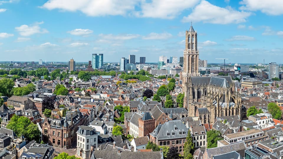 Aerial panorama from the city Utrecht with the Dom tower in the Netherlands