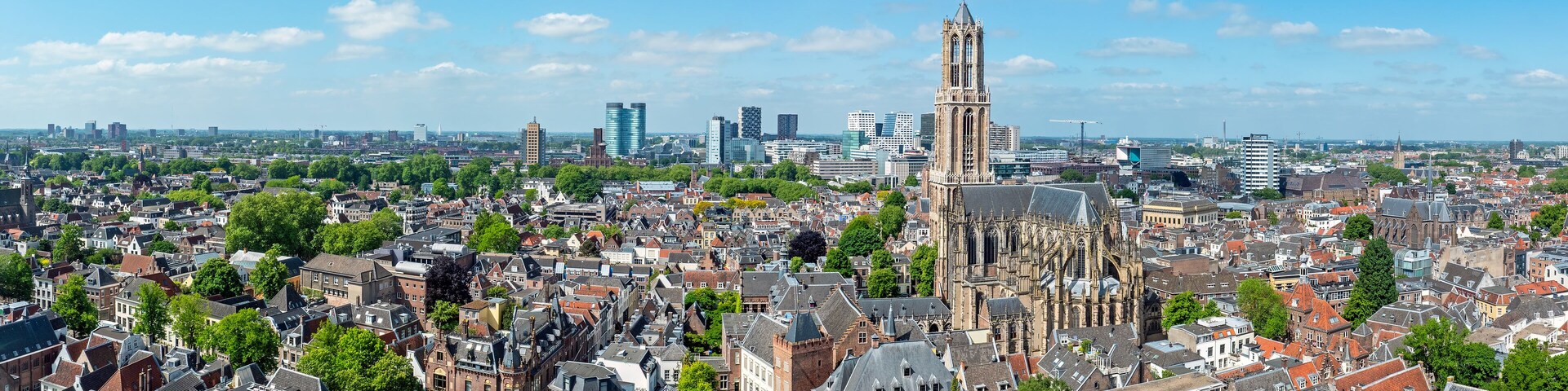 Aerial panorama from the city Utrecht with the Dom tower in the Netherlands