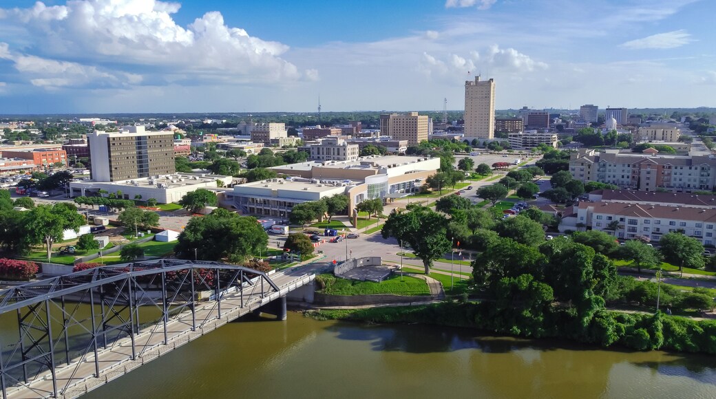 Top view downtown Waco and Cultural District from Washington Avenue Bridge cross Brazos River