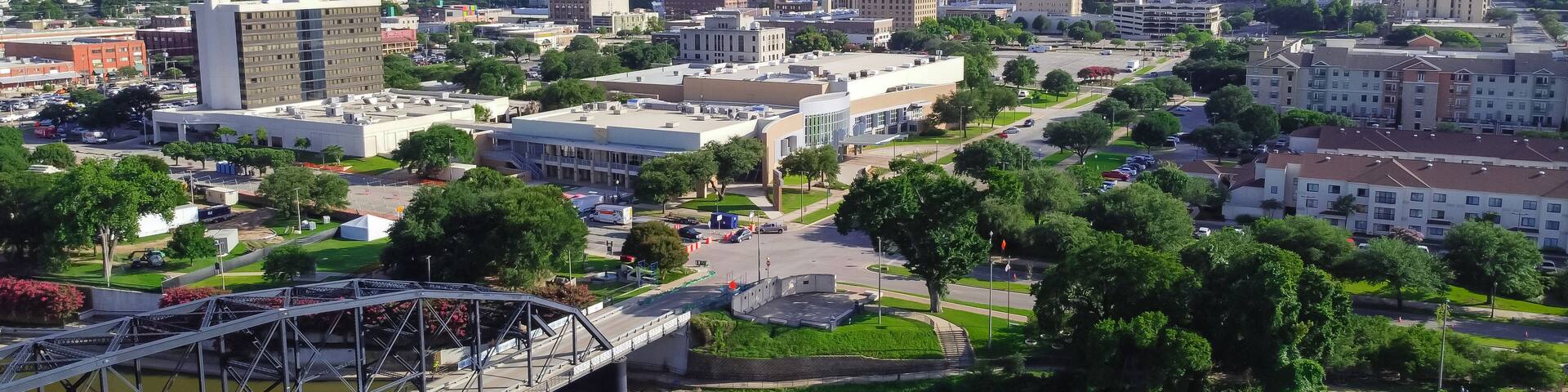 Top view downtown Waco and Cultural District from Washington Avenue Bridge cross Brazos River