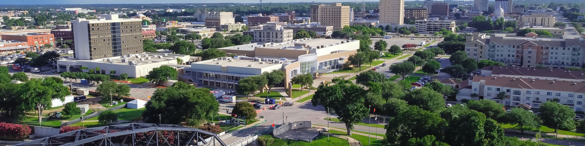 Top view downtown Waco and Cultural District from Washington Avenue Bridge cross Brazos River