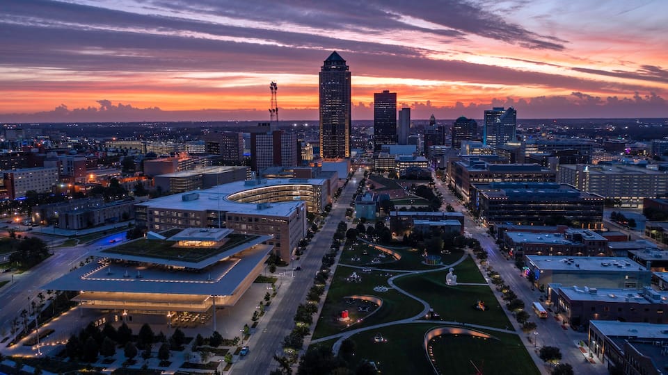 Western Gateway sunrise aerial looking downtown over Pappajohn Sculpture Park and Krause Gateway Center.