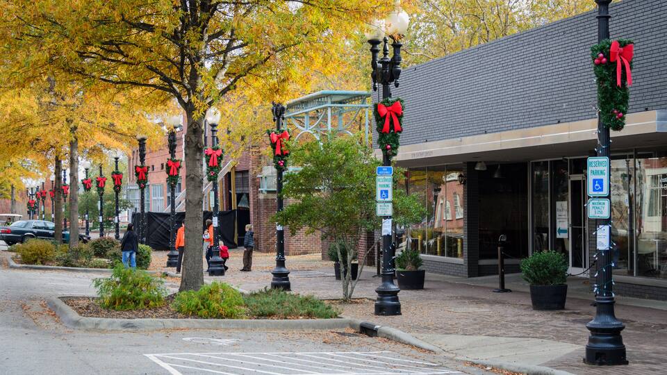 A street lined with trees decorated with red bows and garlands, a brick building with a glass entrance, and a reserved parking sign.
