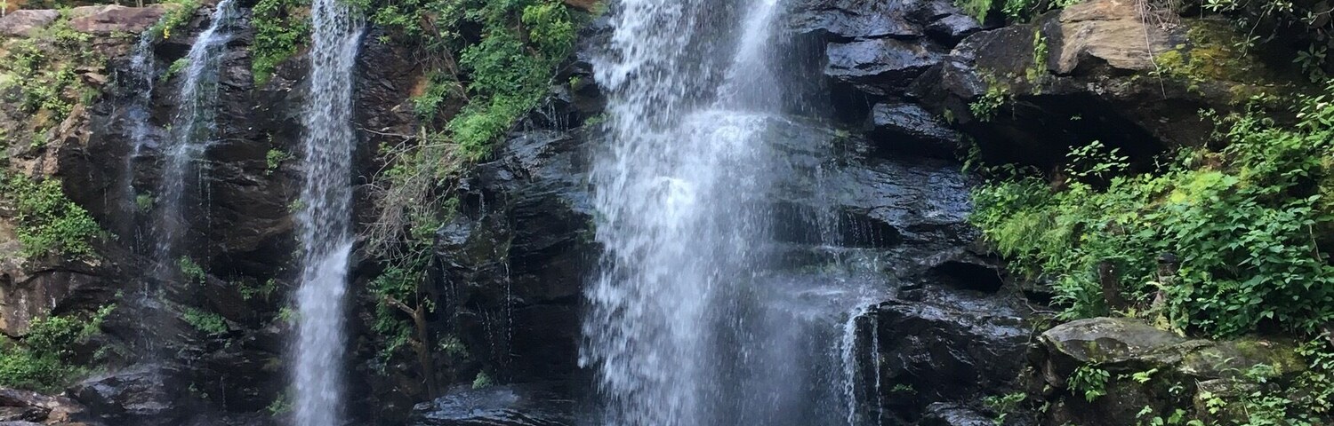 Uma cascata despencando sobre terreno rochoso, rodeada por vegetação exuberante.