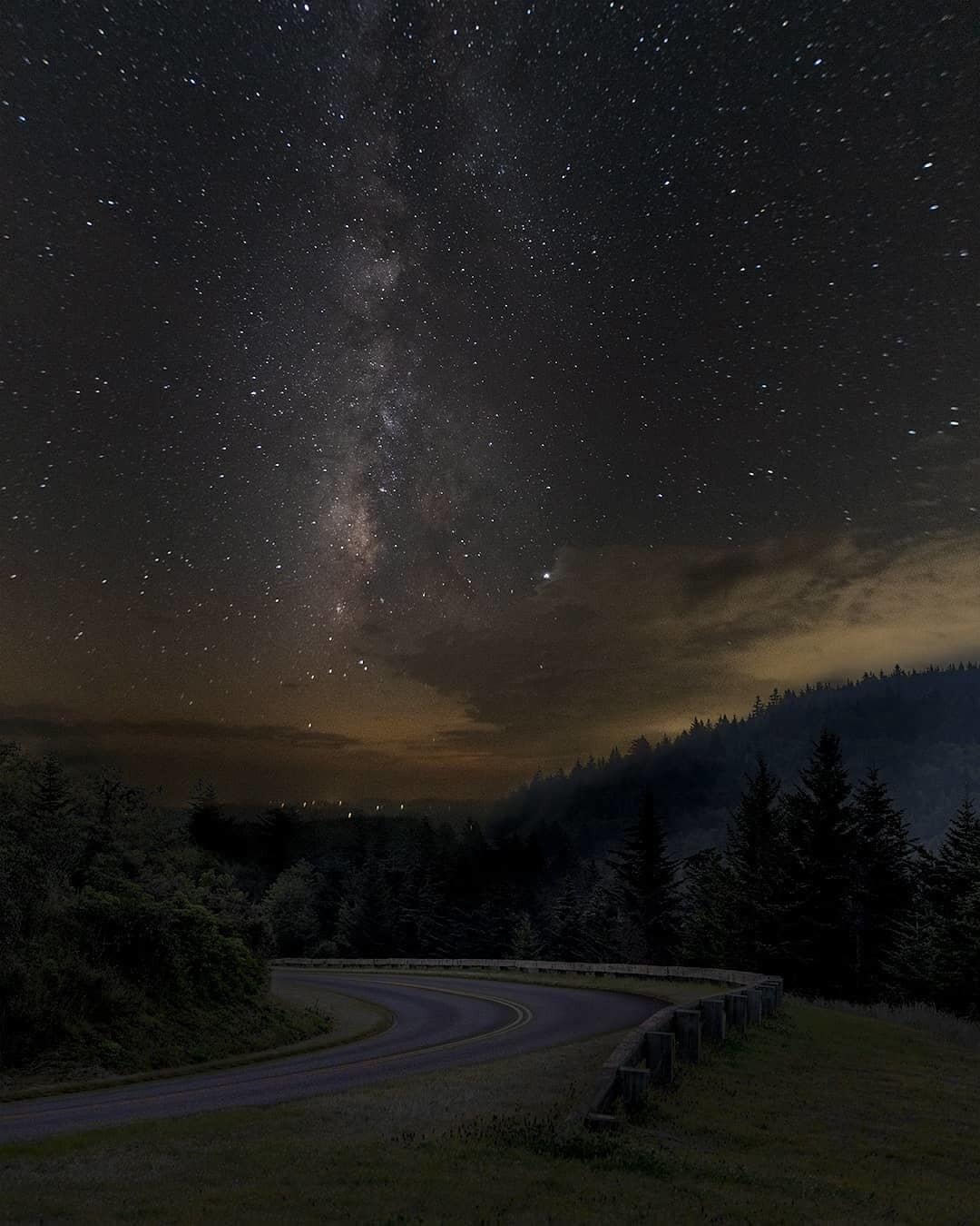 A winding road through a forest at night with a starry sky and the Milky Way visible.