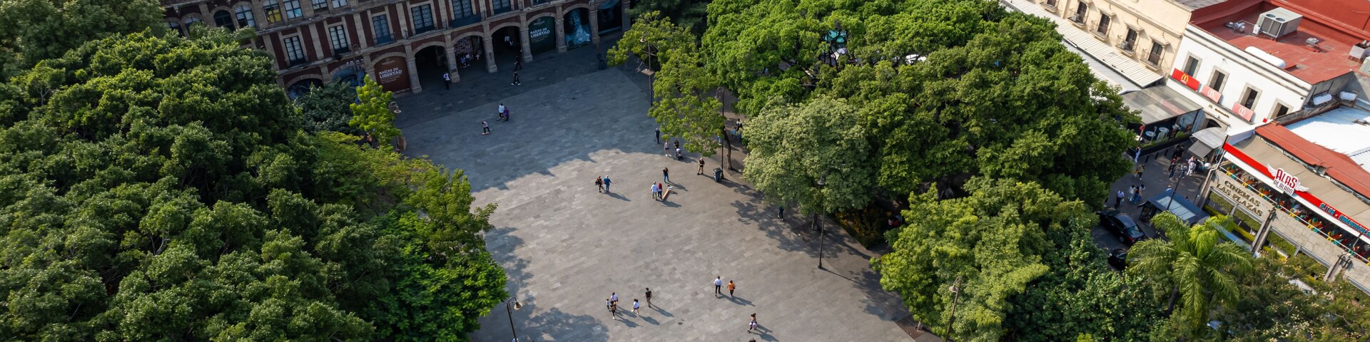 Vista aérea de una plaza rodeada de edificios y árboles.