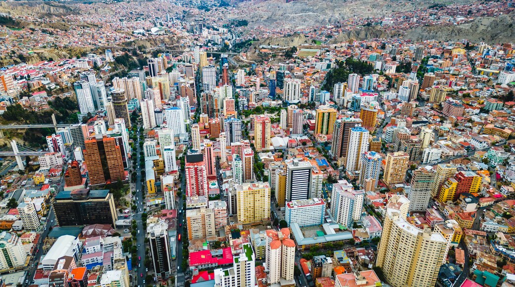 aerial of colourful district in la paz Bolivia capital drone above skyline cityscape skyscraper
