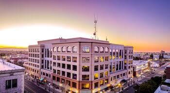 Modesto City Hall at Sunset – Aerial View of Downtown Modesto, California