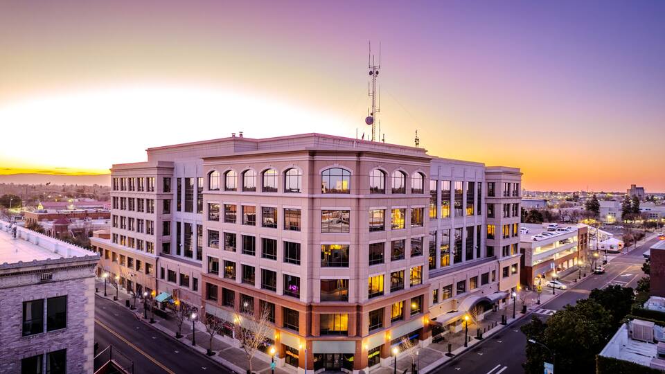 Modesto City Hall at Sunset – Aerial View of Downtown Modesto, California