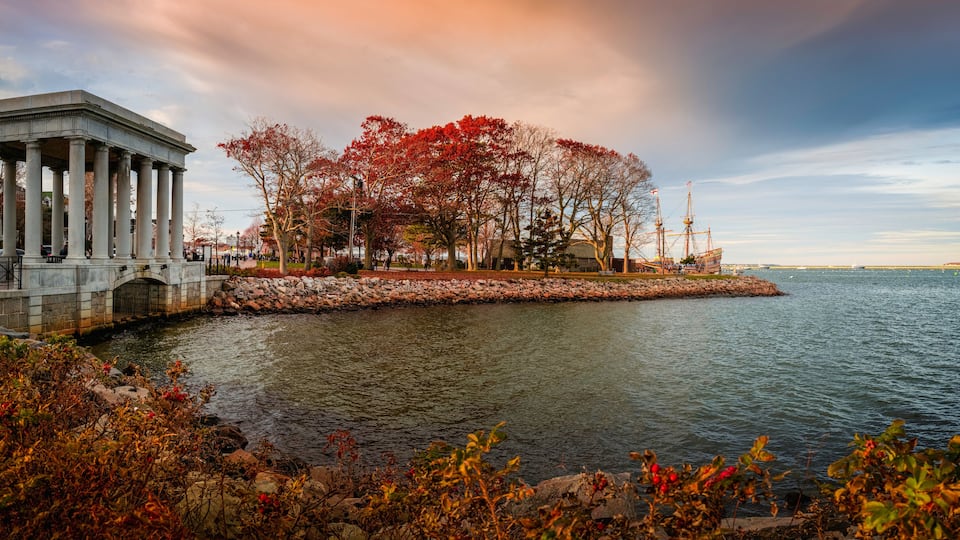 Seascape with the view of Plymouth Rock Monument and Pilgrim Memorial State Park in Plymouth, Massachusetts.
