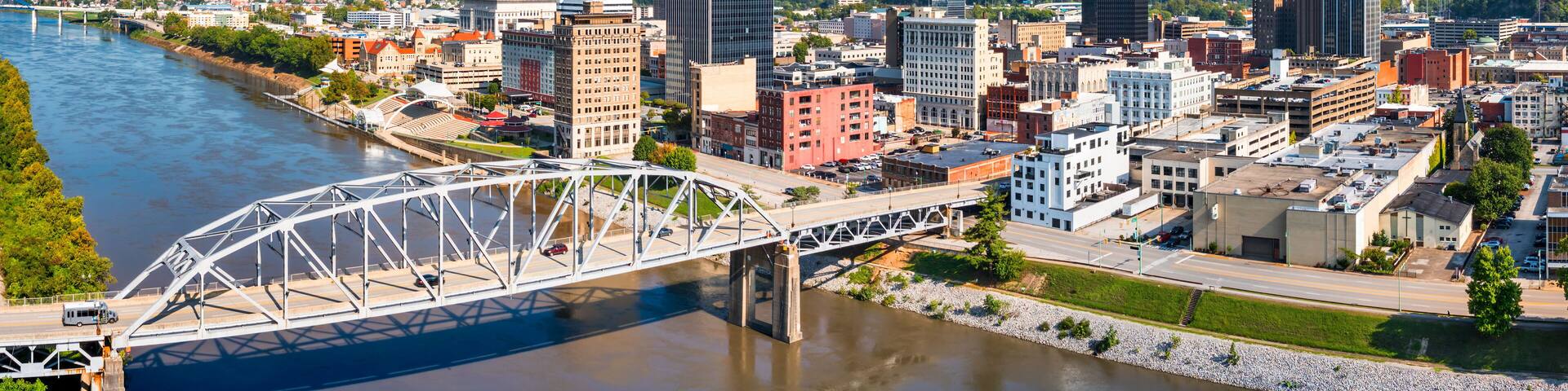 Aerial view of Charleston, West Virginia skyline and South Side Bridge. Charleston is the capital and most populous city of the U.S. state of West Virginia and the seat of Kanawha County