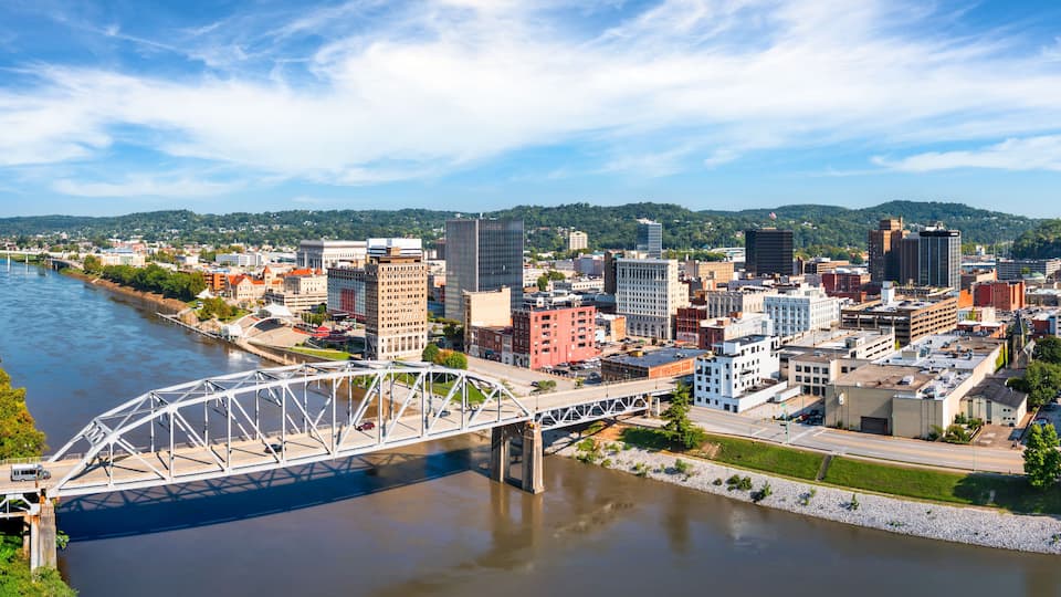 Aerial view of Charleston, West Virginia skyline and South Side Bridge. Charleston is the capital and most populous city of the U.S. state of West Virginia and the seat of Kanawha County