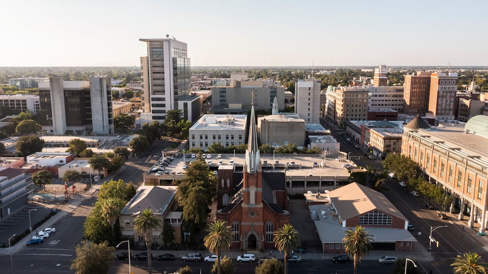 Daytime view of the downtown city center of Stockton, California, USA.