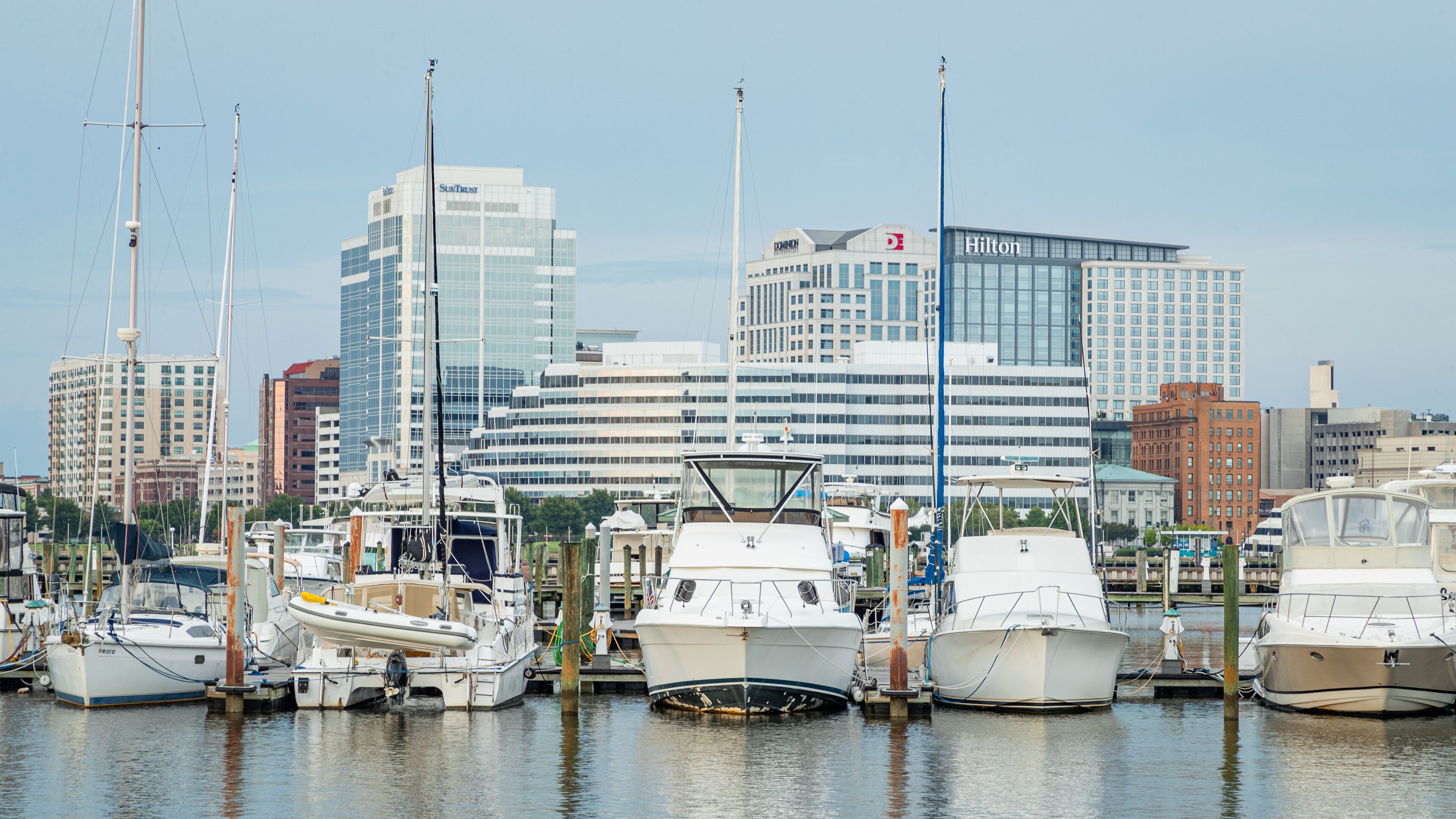 A marina with several boats docked, surrounded by modern buildings including a Hilton hotel and a SunTrust building.