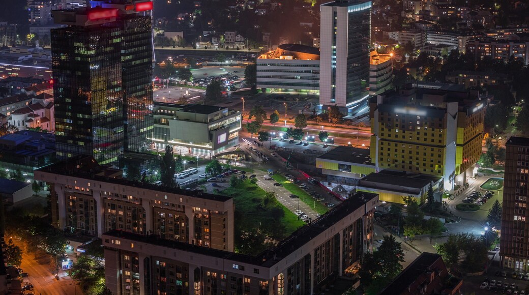 Aerial view of the southern part of Sarajevo city night timelapse.