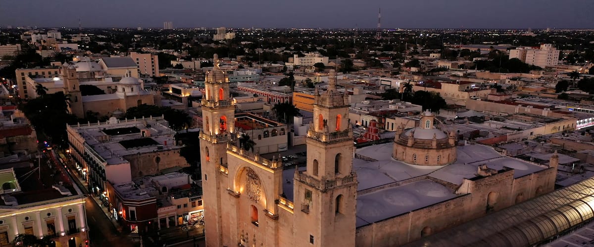 Aerial camera at night showing the front of the Cathedral of Merida, Yucatan, Mexico.
