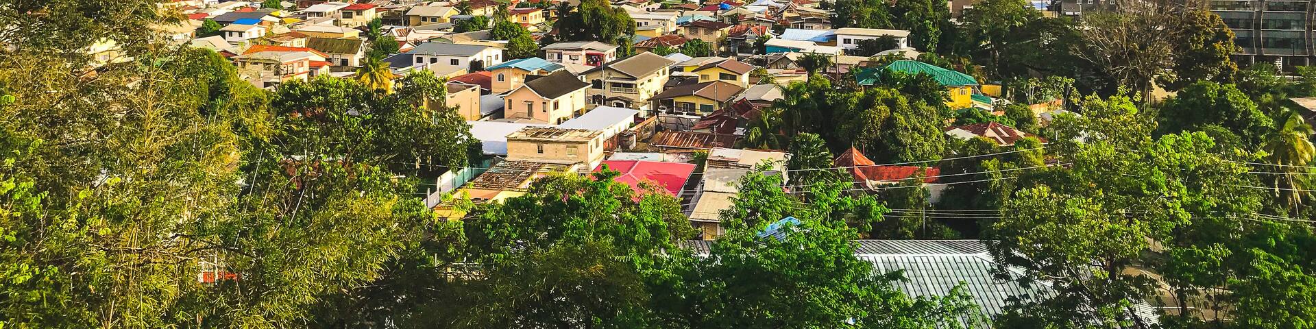 View of the city of Port of Spain Trinidad with cloudy sky and Mountains