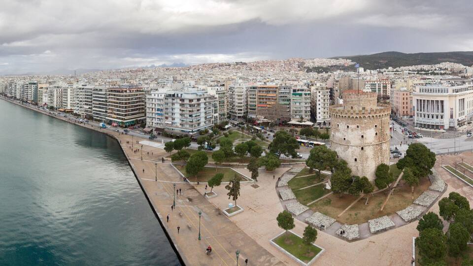 View of Thessaloniki and the white tower during a cloudy day