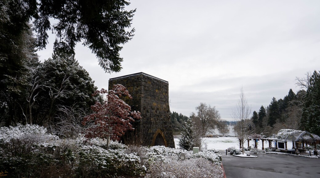 George Rogers Park, including the remnants of the first Oregon Iron Company furnace (center), in Lake Oswego, Oregon, viewed during the winter after snowfall.
