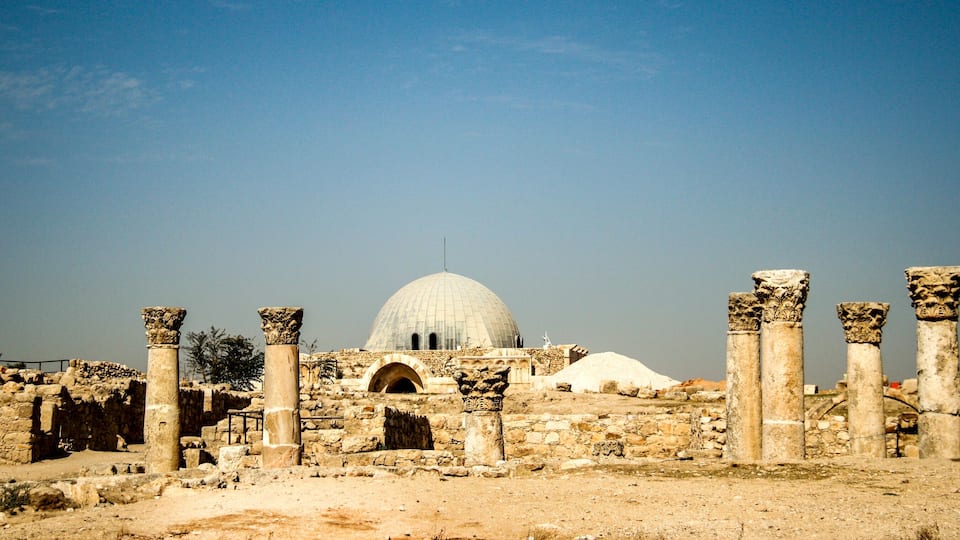 Dome and columns of the 8th century Umayyad palace at Jebel al-Qala'a, the citadel hill in Amman, Jordan