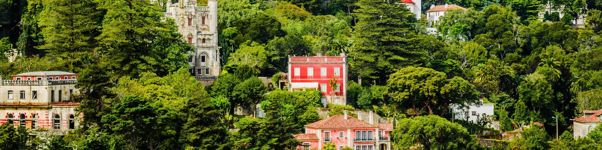 Panoramic view of the Quinta da Regaleira Palace located near the historic center of Sintra, Portugal