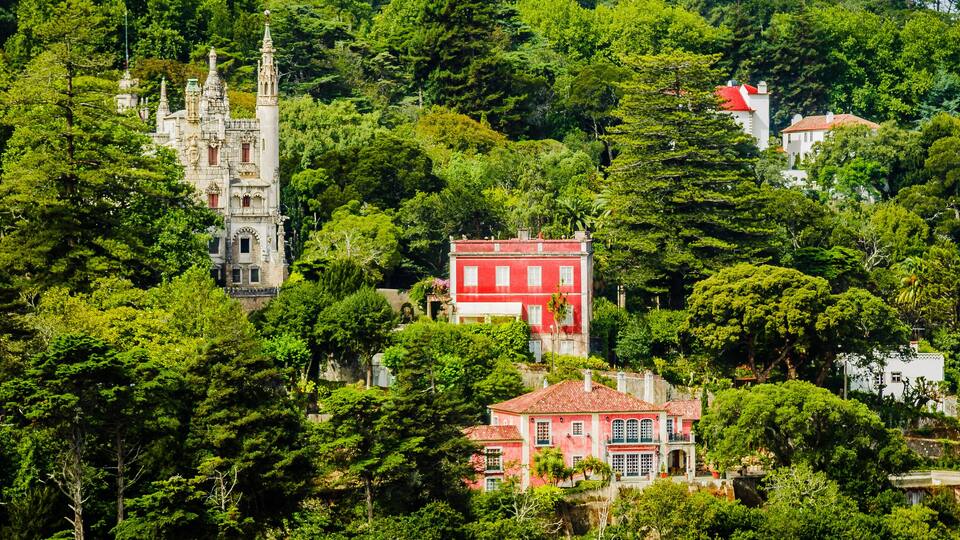 Panoramic view of the Quinta da Regaleira Palace located near the historic center of Sintra, Portugal