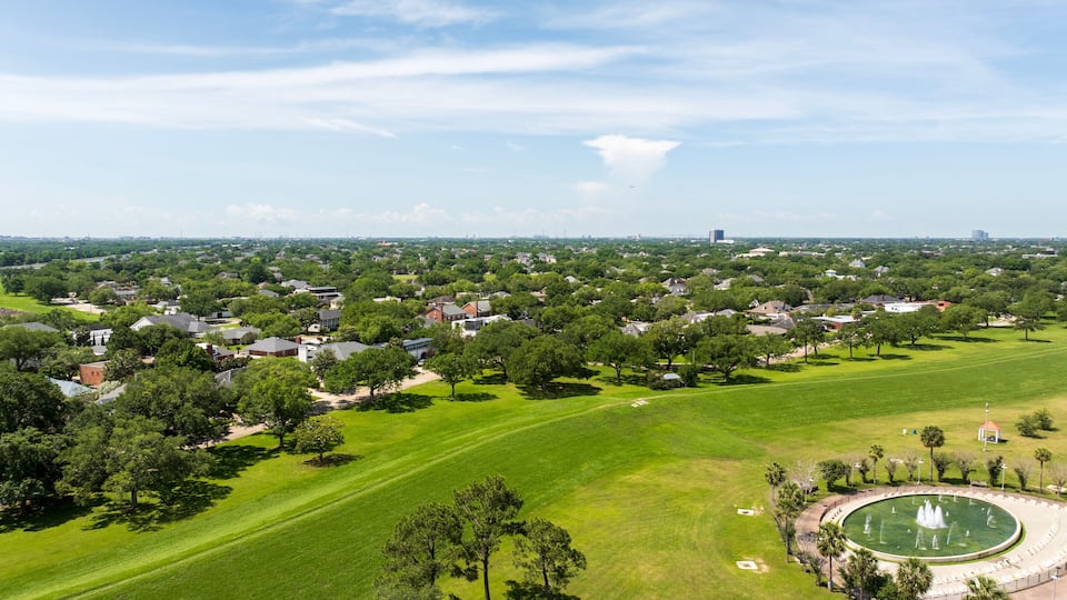 aerial shot of Mardi Gras fountain at Lakeshore Park along Lake Pontchartrain in New Orleans Louisiana USA