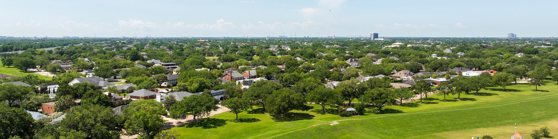 aerial shot of Mardi Gras fountain at Lakeshore Park along Lake Pontchartrain in New Orleans Louisiana USA