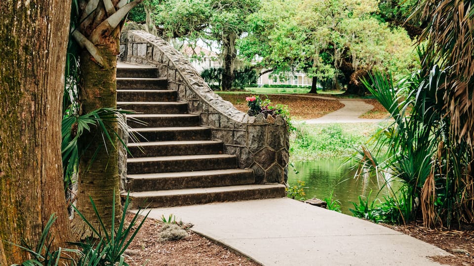 Langles stone bridge and pathway in City Park, New Orleans
