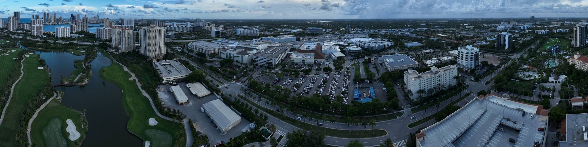 Aerial View of Aventura Mall and golf course near Sunny Isles, Miami Florida.