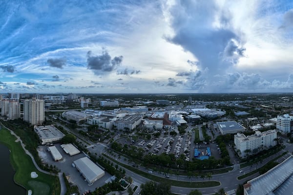 Aerial View of Aventura Mall and golf course near Sunny Isles, Miami Florida.