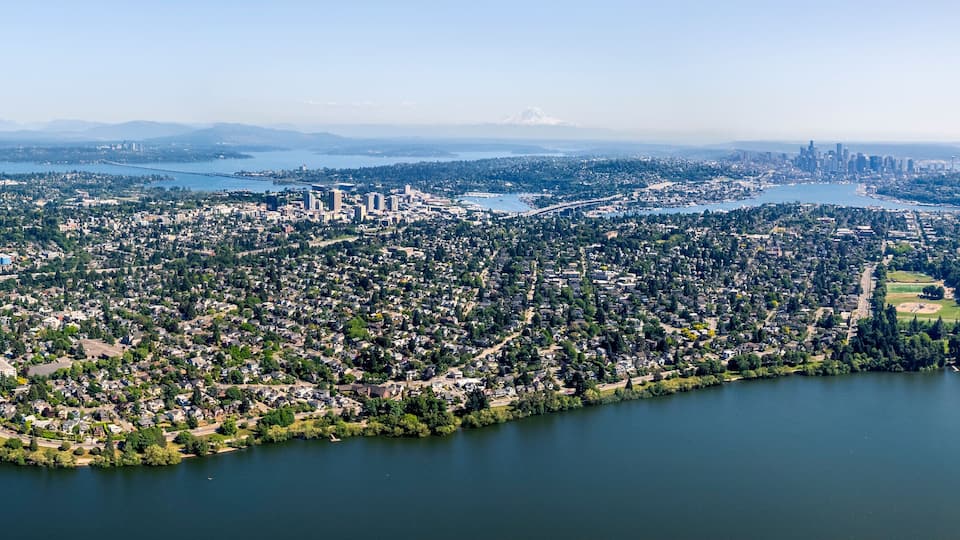 Panoramic Aerial View of Seattle Over Green Lake