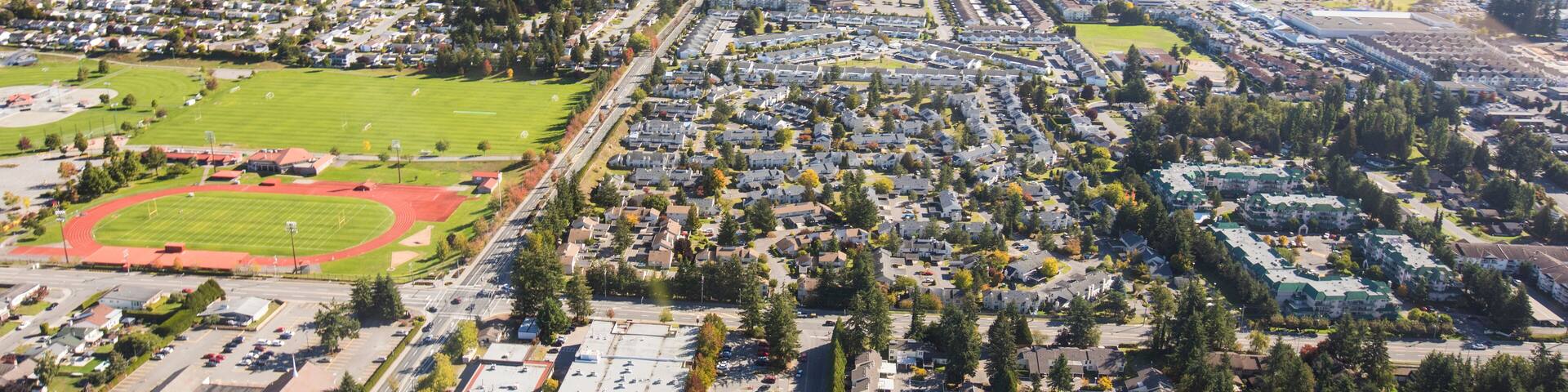 Aerial view of the City of Abbotsford, Rotary Stadium, Sumas Mountain