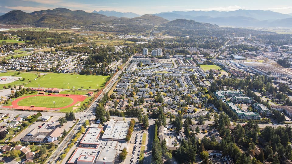 Aerial view of the City of Abbotsford, Rotary Stadium, Sumas Mountain