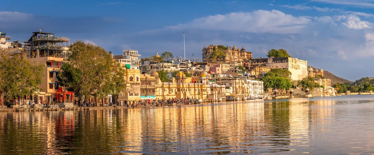 Panoramic view of city of lakes, Udaipur with lake Pichola from Ambrai ghat, Rajasthan, India.