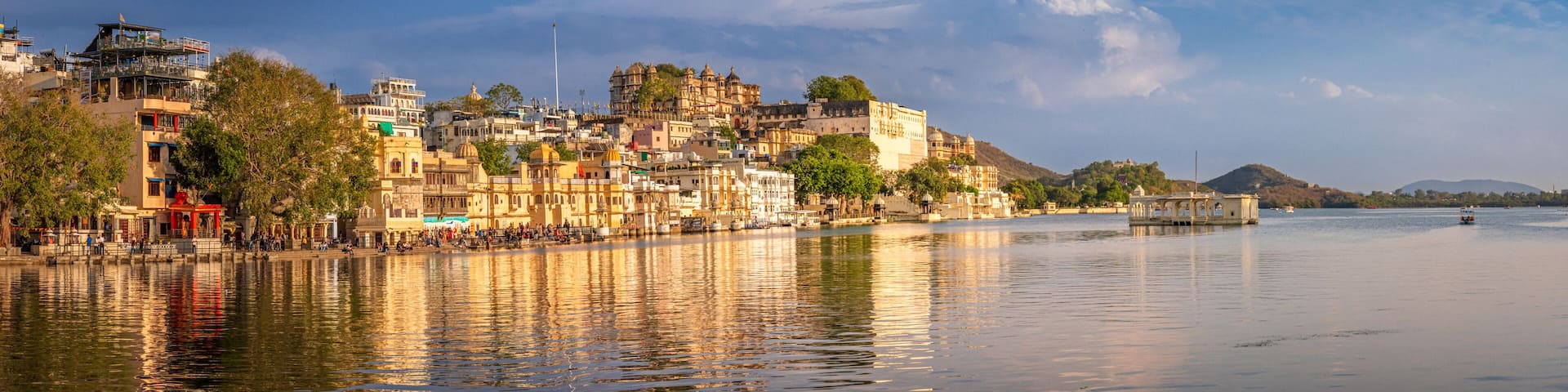 Panoramic view of city of lakes, Udaipur with lake Pichola from Ambrai ghat, Rajasthan, India.