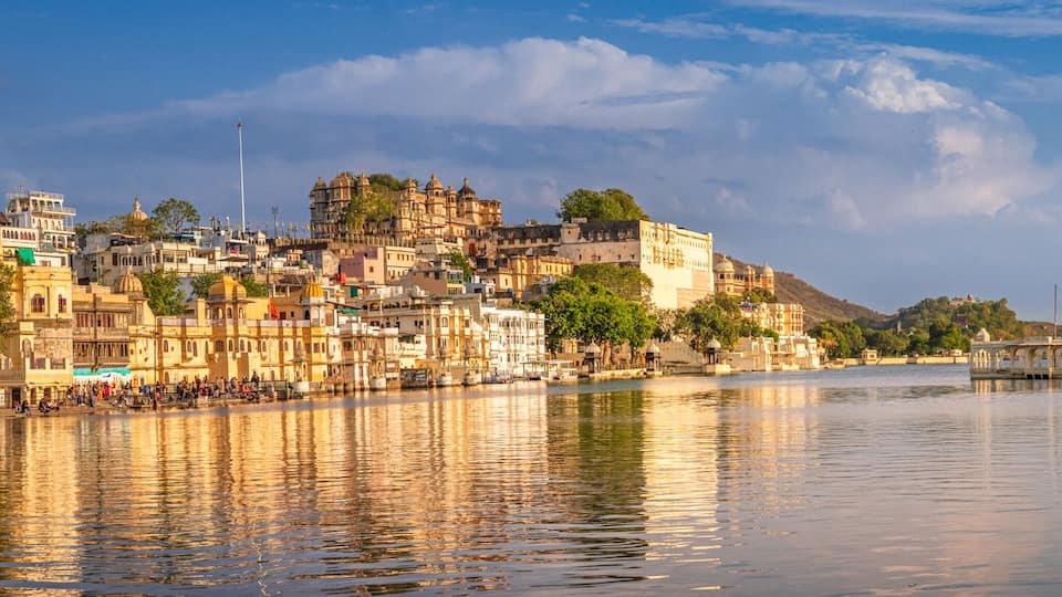 Panoramic view of city of lakes, Udaipur with lake Pichola from Ambrai ghat, Rajasthan, India.