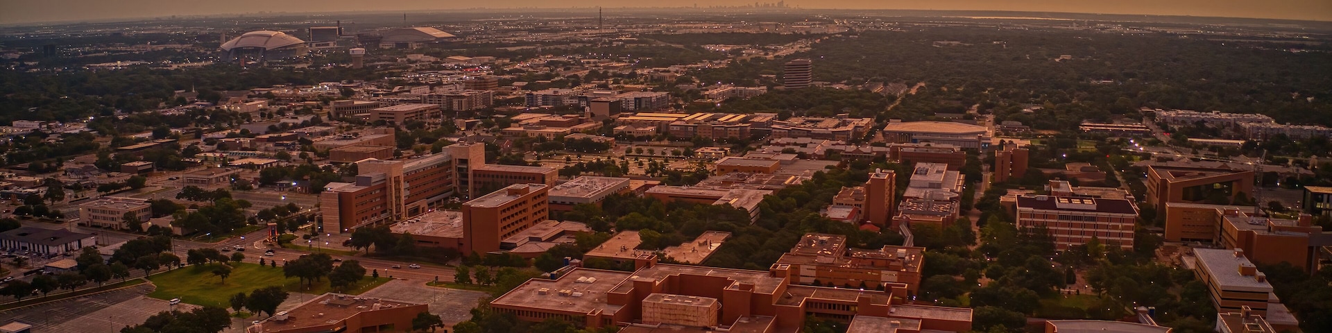Aerial View of a large Public University in Arlington, Texas at Sunrise
