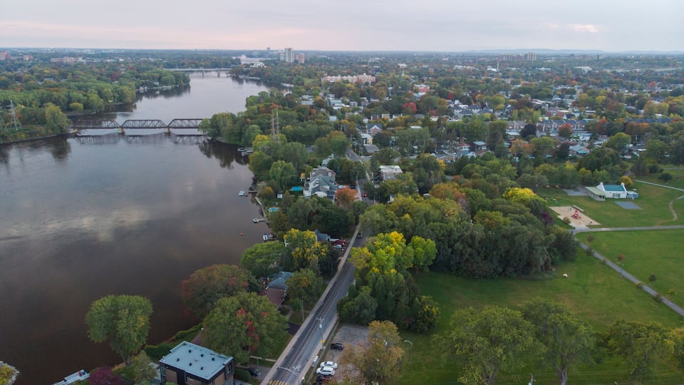 Canadian autumn, aerial view of Laval city in Quebec